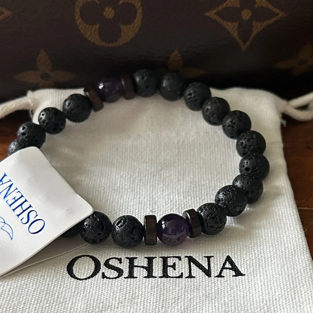 OSHENA Designer Beachwear Lava and Amethyst Bead Bracelet Free jewelry box!